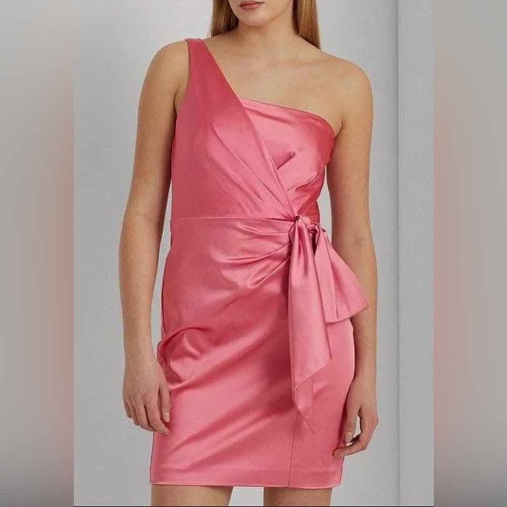 Lauren Ralph Lauren pink rose Structured knot one shoulder Satin-Cocktail Dress - Picture 4 of 4